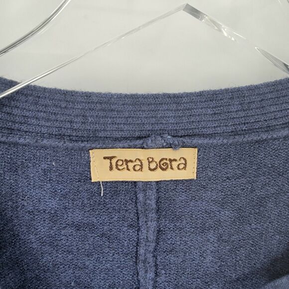 Tera Bora Poncho One Size Blue Soft Knit Gromet Criss Cross Neck Beaded Tassels - Picture 6 of 8